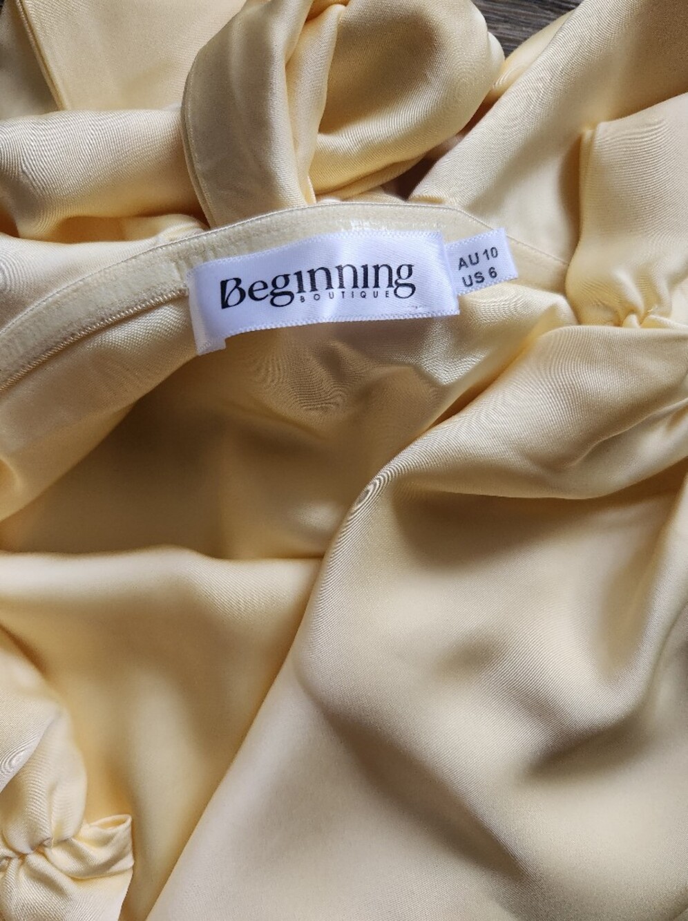 Beginning Boutique Primrose Yellow Satin Off the Shoulder Mini Dress Size 6 - Picture 2 of 10